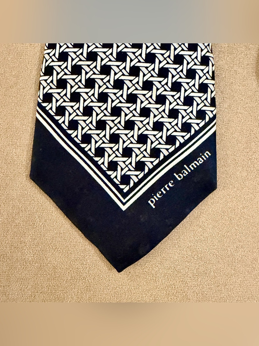 Pierre Balmain Vintage Blue White Woven Geometric Pattern Silk Tie Paris Tokyo
